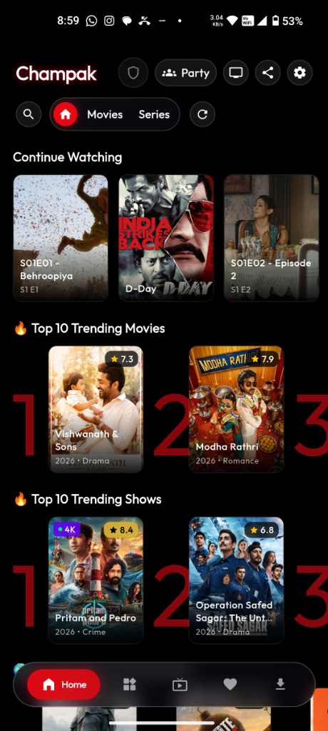 Champak Home & Trending Screen